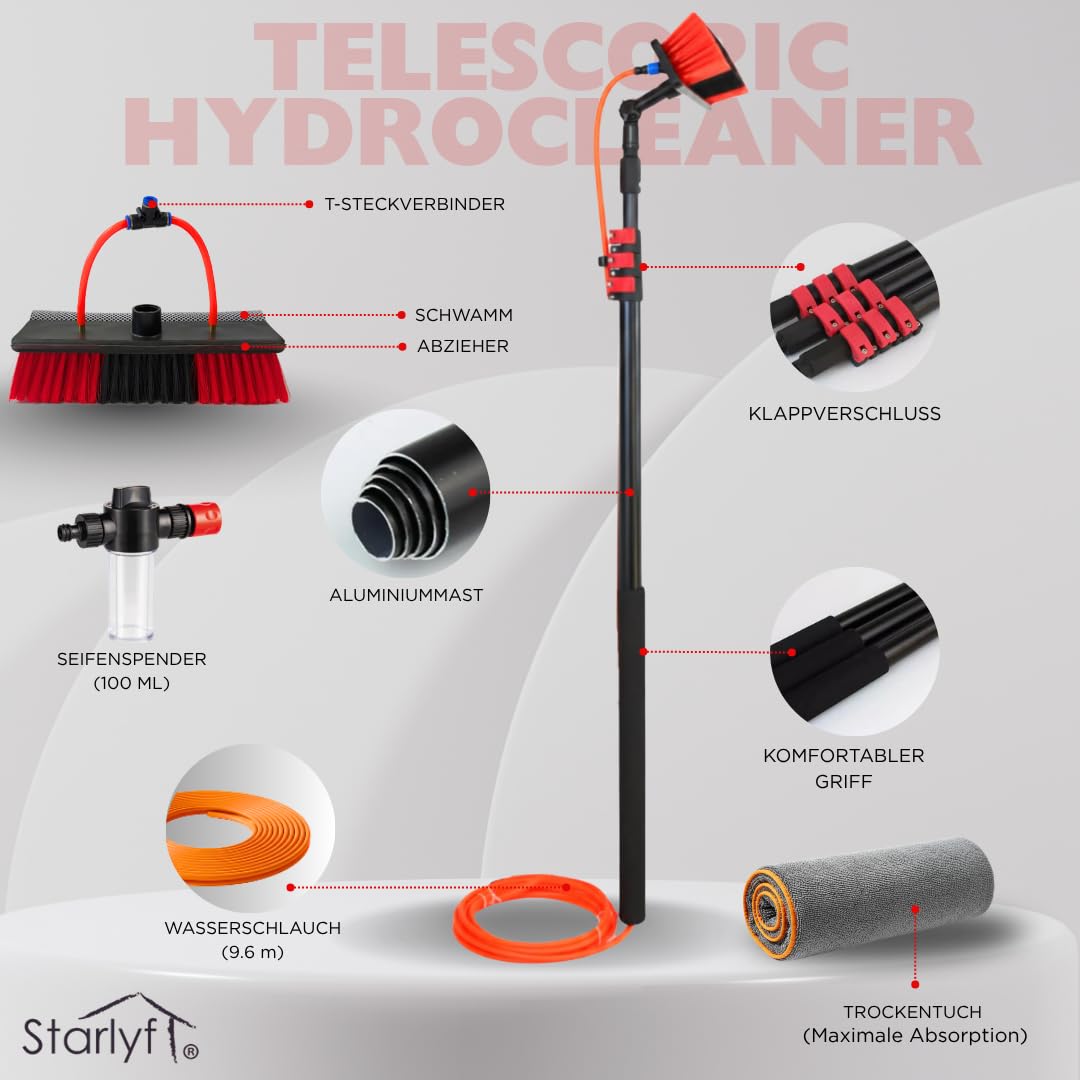 STARLYF Telescopic Hydrocleaner + Trockentuch, 90 x 60 cm, Reinigung von Solarplatten, Teleskopbesen für die Reinigung, Seifenspender, Glas, Waschen von LKW, Schildern, Booten (7 m)