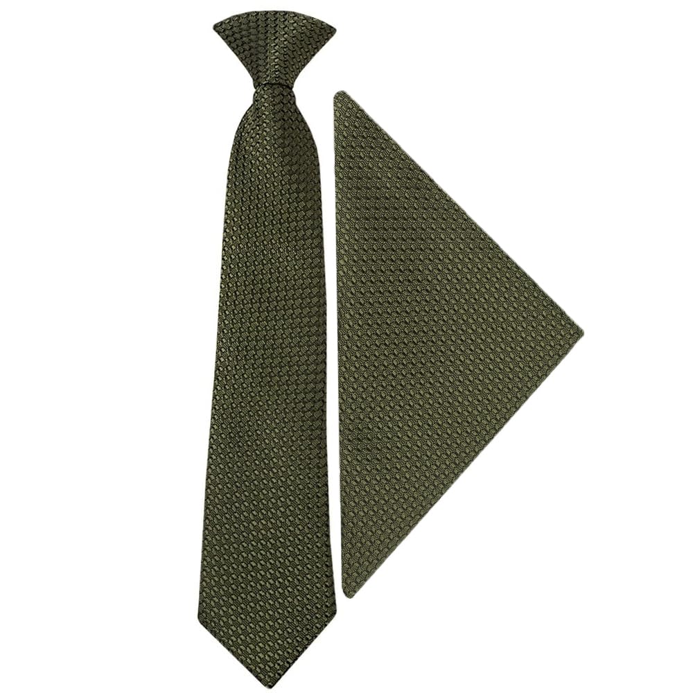 TIES R US Pre Tied Olive Green Textured Boys Tie and Pocket Square Set Age 4-7