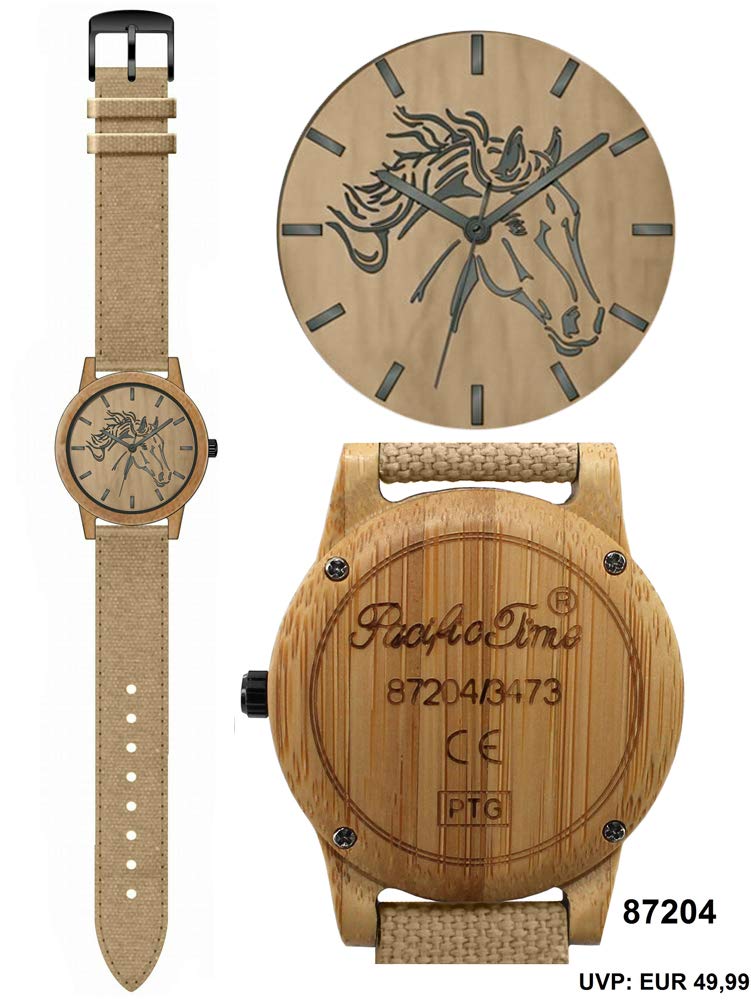 Pacific Time Damen Armbanduhr Pferd Holz Canvas Uhrenarmband Textil beige analog Quarz 87204