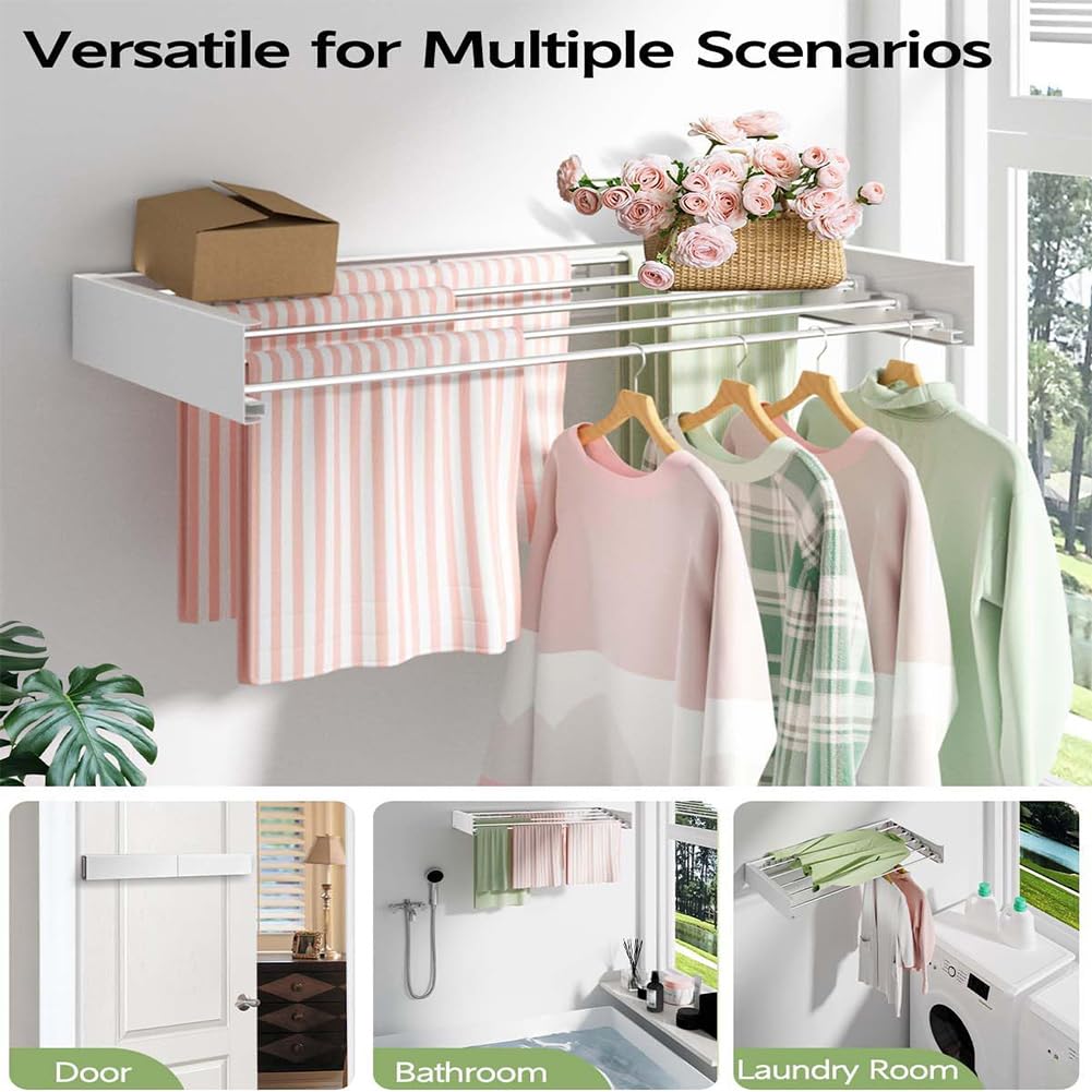 Séchoir à Linge Extensible 80 cm Peu Encombrant Pliable pour Suspendre des Vêtements, Séchoir à Linge Mural pour l'intérieur, Salle de bain, Balcon