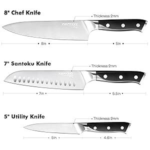 Topfeel Professional Chef Knife Set Sharp Knife, German High Carbon Stainless Steel Kitchen Knife Set 3 PCS-8" Chefs Knife &7" Santoku Knife&5" Utility Knife, Knives Set for Kitchen