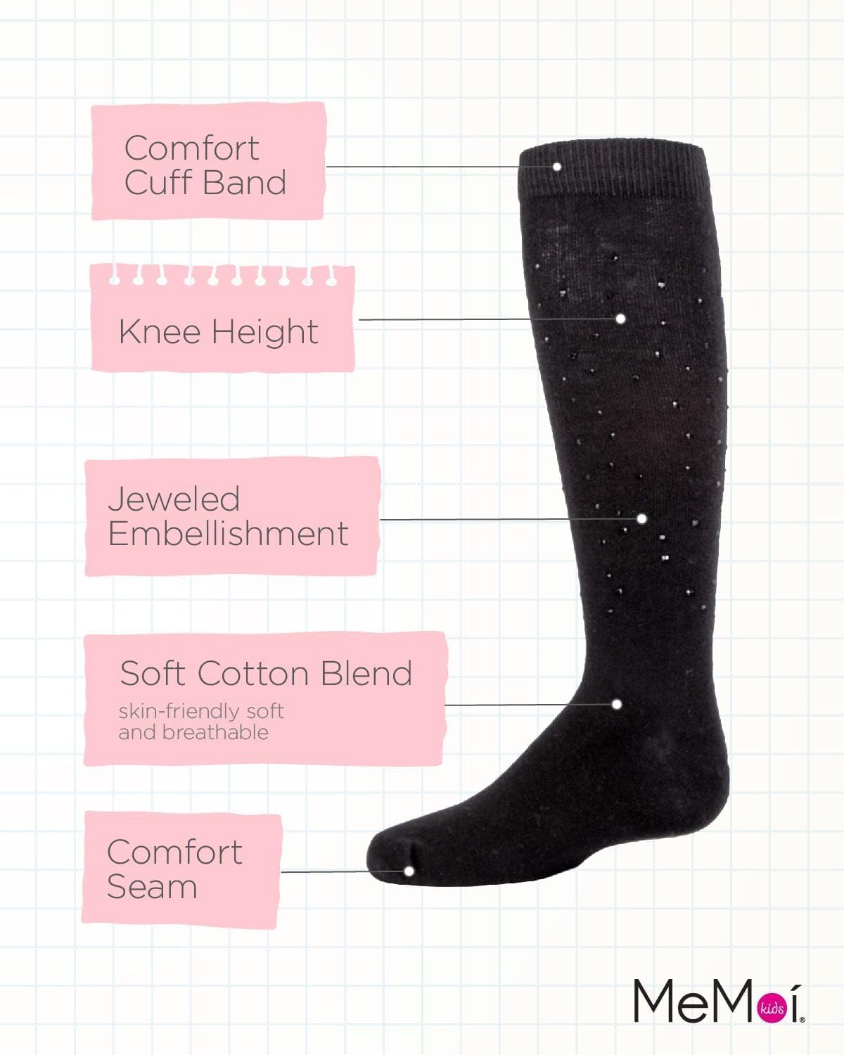 MeMoi Jazzy Jeweled Girls Cotton Blend Knee Socks