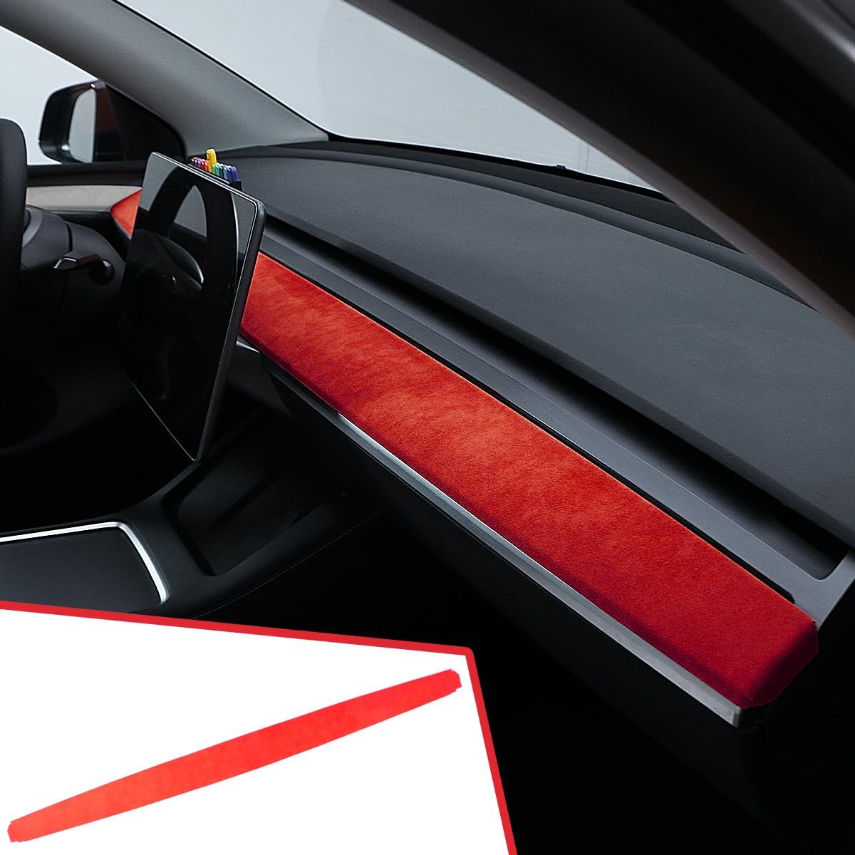 GZXinWei Red Suede Center Console Panel Dashboard Protective Cover Styling Moulding Interior Trim for Alcantara Tesla Model Y 2020-2024 Model 3 2017-2023 Decor Sticker Accessories