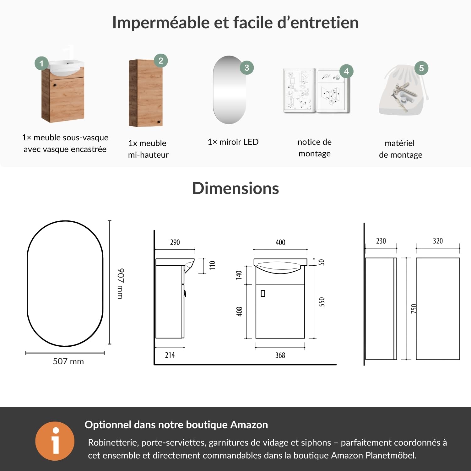 Planetmöbel Ensemble de Meubles de Salle de Bains Lavabo avec Meuble Bas 40 x 60 x 29 cm, Miroir avec éclairage 50 x 90 cm & Armoire Centrale pour Salle de Bains & WC invités, chêne doré