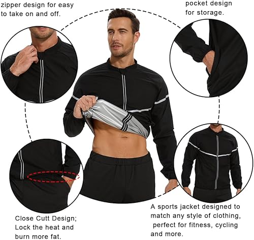 Miniatura 7 de NINGMI Traje de sauna para hombre, sudadera de manga larga, chaqueta de entrenamiento, moldeador de cuerpo con cremallera, parte superior