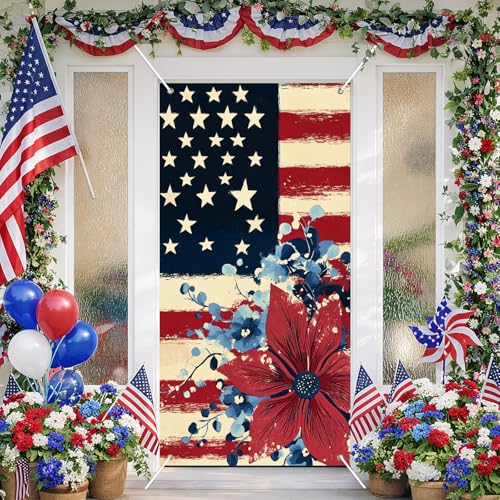 Image of BlissYard 4th of July Door Cover 71x35 Inch Patriotic Front Door Cover American Flag Memorial Day Decoration July 4th Door Cover Banner Large Fourth of July Outdoor Porch Decor
