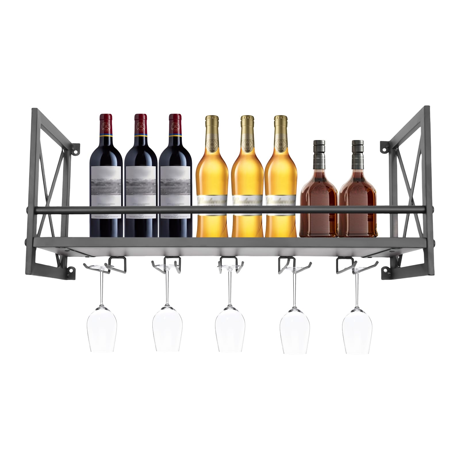 Étagère à vin murale en bois avec cadre en métal, design industriel, pour environ 10 bouteilles + 12 porte-verres à vin, idéal pour la maison, le bar, la cuisine, le restaurant