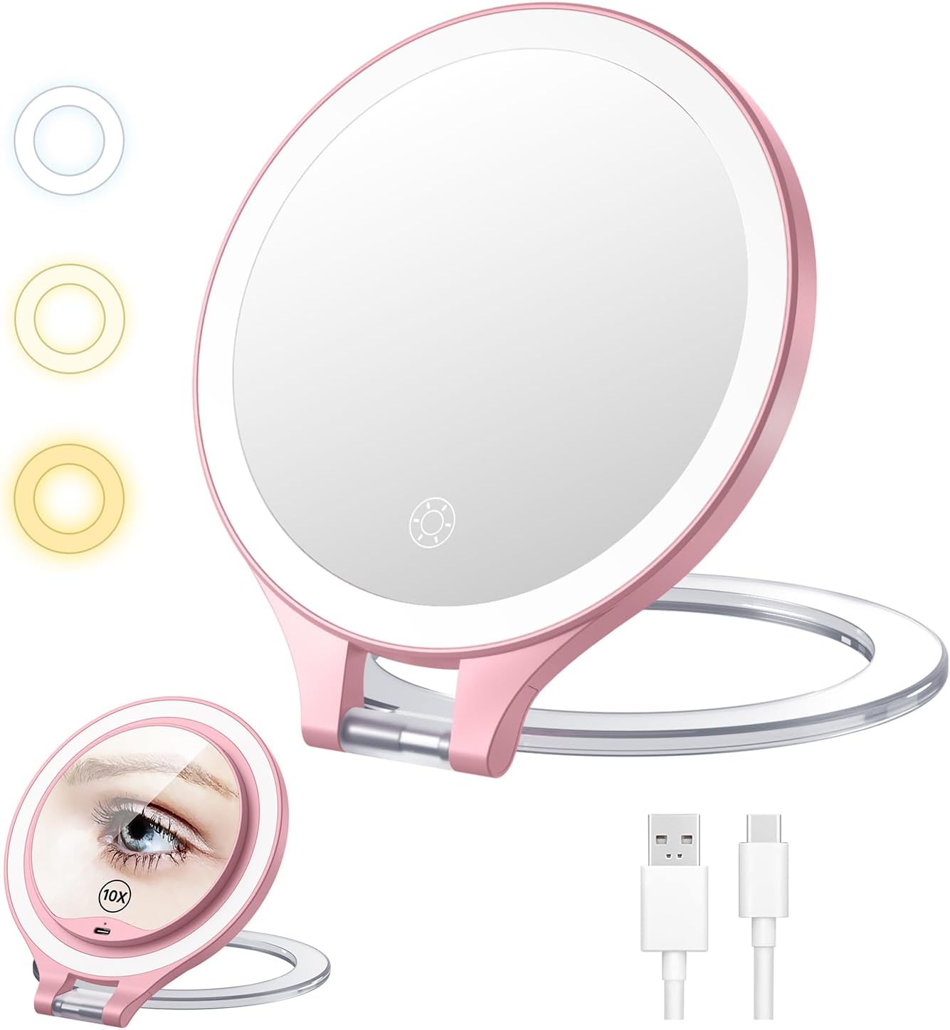 Miroir Grossissant Avec Lumière 30X, 15cm 3 Modes De Couleur Grossissant De Voyage Rechargeable Avec 3 Ventouses Et Support De Table 360 Blanc 99344512