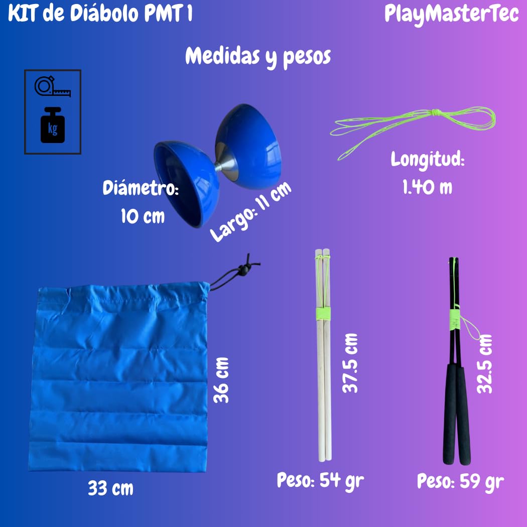 Diábolo Azul Eje Fijo Kit 2 Juegos de Palos niños y Adultos Regalo Ideal