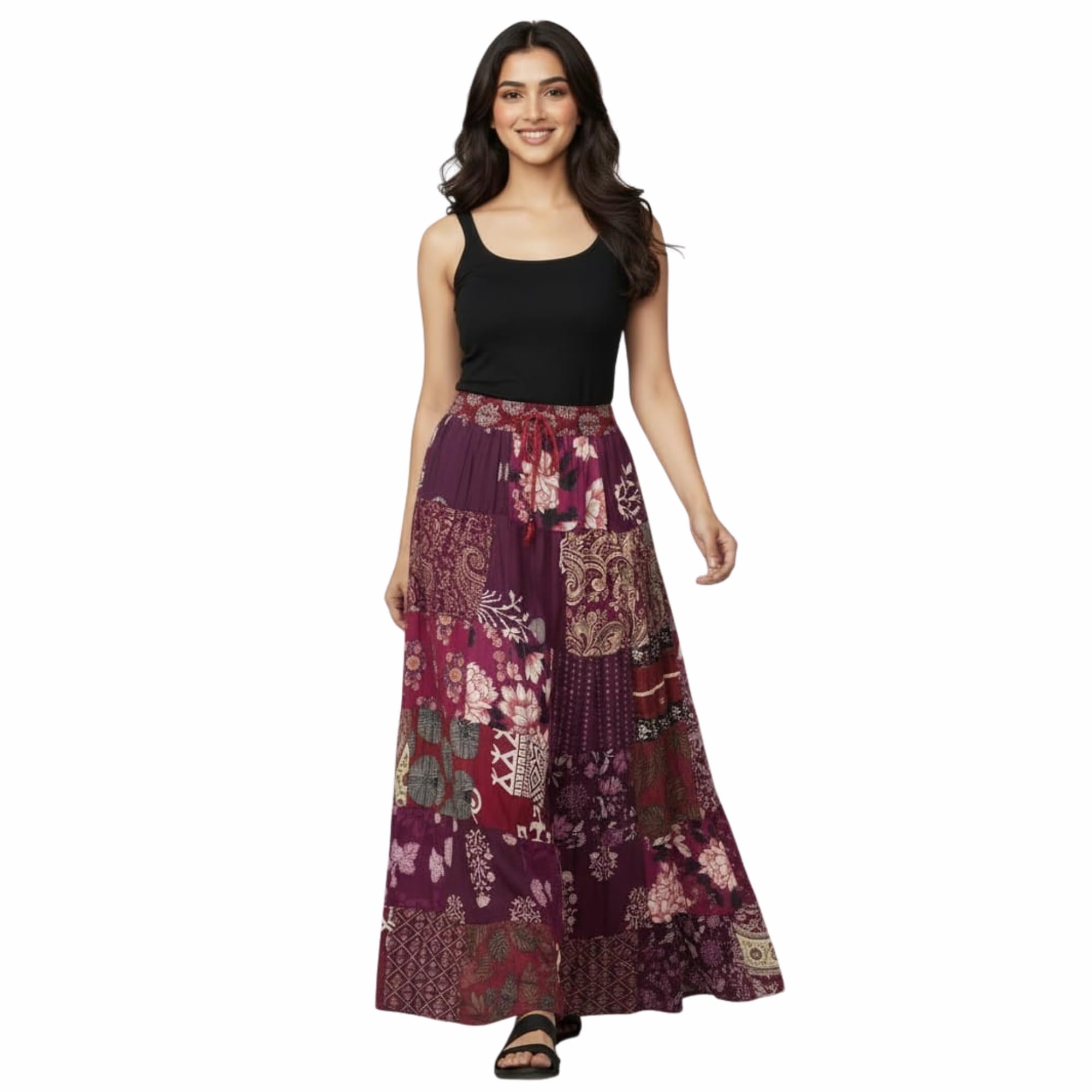 Women's Cotton Patchwork Printed Elastic Long Skirt for Casual-image-11