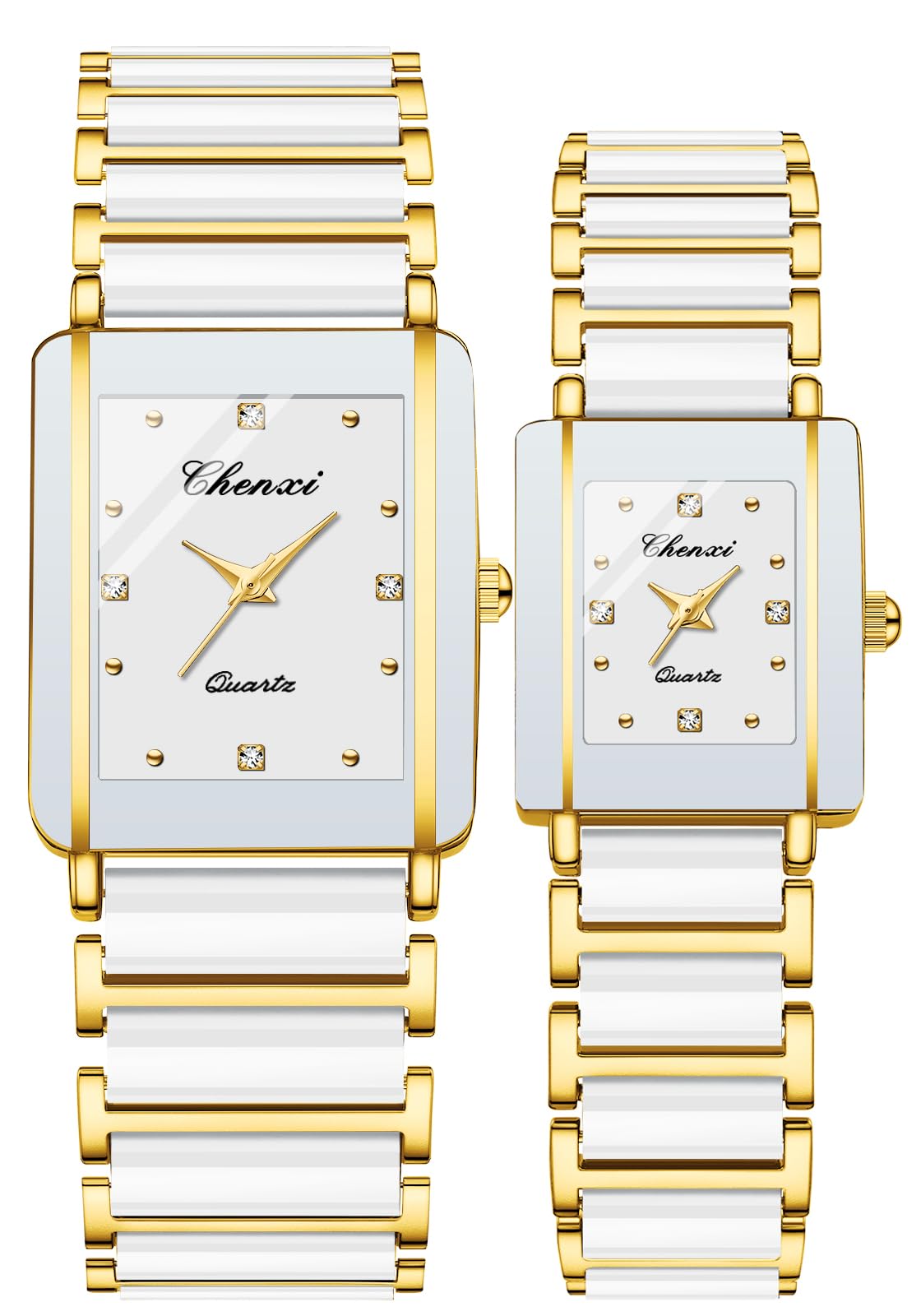 GosasaVintage Couple Watch Set - Men and Women Matching Quartz Square Ceramic His and Hers Pair With Diamond Waterproof Feature