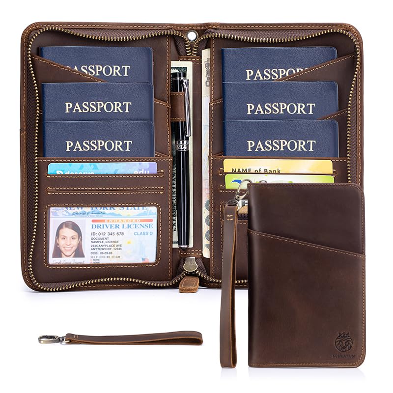 Image of Passport Holder for Travel Family with Strap Genuine Leather RFID Blocking Travel Document Organizer Wallet with Pen Holder, Brown