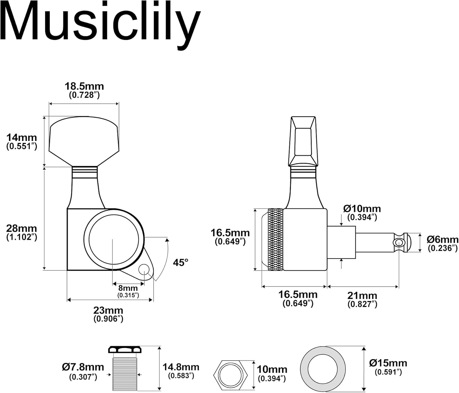 Musiclily Pro 6-in-line 18:1 Ratio Full Sealed Locking Machine Heads Tuners Tuning Pegs Keys with Hex Button 45 Degree Screw for Strat Tele Style Electric Guitar, Black