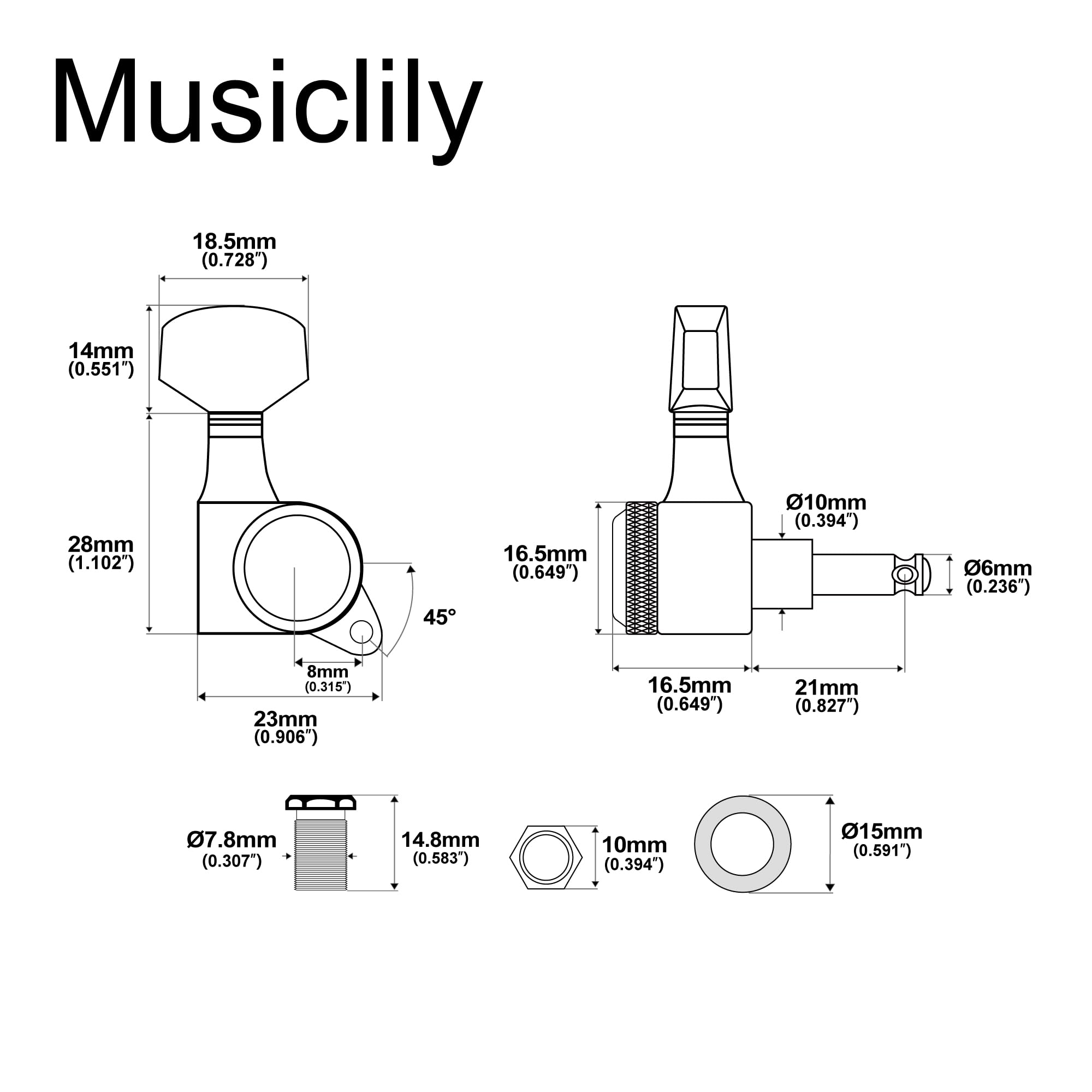 Musiclily Pro 6 en línea Clavijas de Afinación Bloqueo 18:1 Ratio Clavijeros Bloqueantes con Botón Hex Tornillo 45° para Guitarra Eléctrica tipo Strat Tele, Dorado
