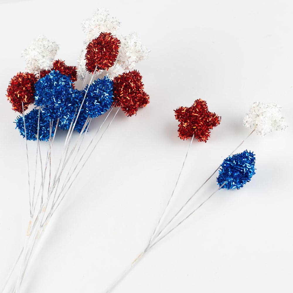 Pack of 6 Americana Star Picks - Sparkly Red, White and Blue Tinsel Star Stems for 4th of July, Memorial Day, Patriotic, Flower Arrangements, Centerpieces, Wreaths, and Decorations (12