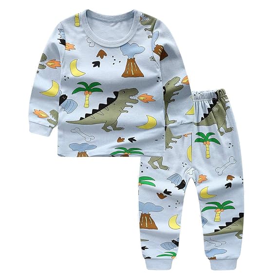 Hopscotch Boys and Girls Cotton Full Sleeves Animal Printed Top and Pyjama Set in Blue Color