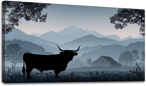 Miniatura 8 de 24"x 48" Fall Canvas Wall Art Highland Cow Rustic Vintage Forest Landscape Farmhouse Autumn Framed Pictures Painting Print Large Wall Art for Living
