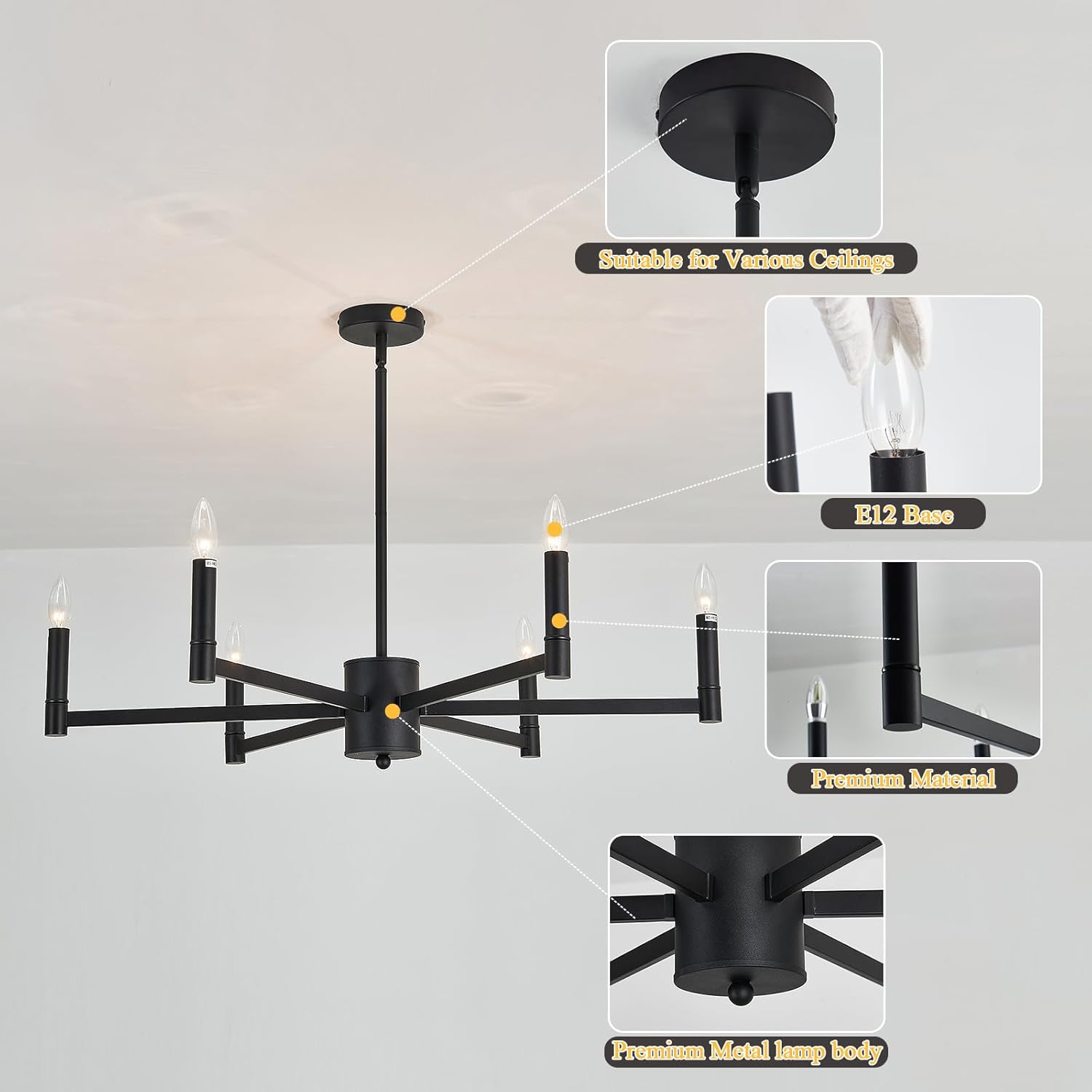ASGYISA 6-Light Candle Chandeliers Modern Black Farmhouse Ceiling Light Fixture Industrial Pendant Lighting for Dining Room Living Room Bedroom Kitchen Island Foyer, 35inch, L-2201