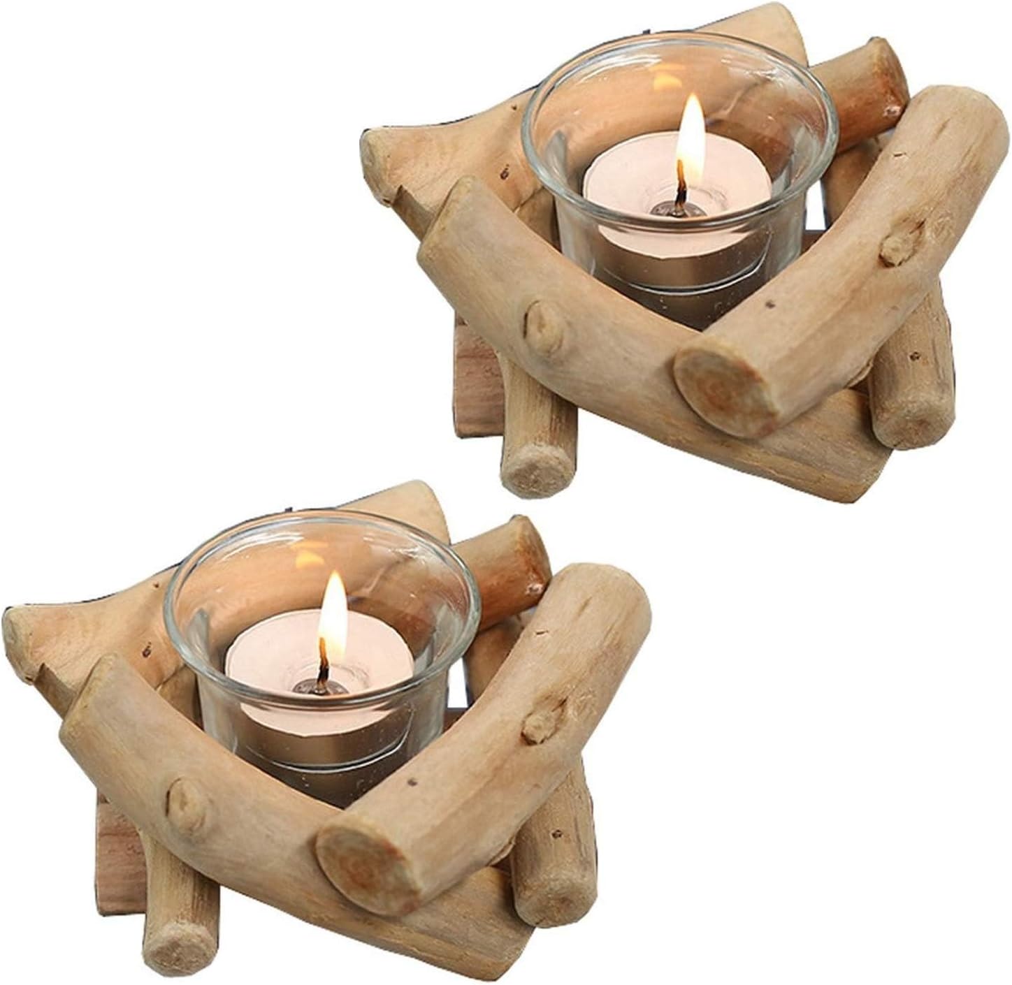 Sziqiqi Rustic Wooden Tea Light Candle Holder Set of 2 with Glass Cup Driftwood Votive Tealight Holder for Farmhouse Wedding Centrepieces Living Room Coffee Table Home Decorations