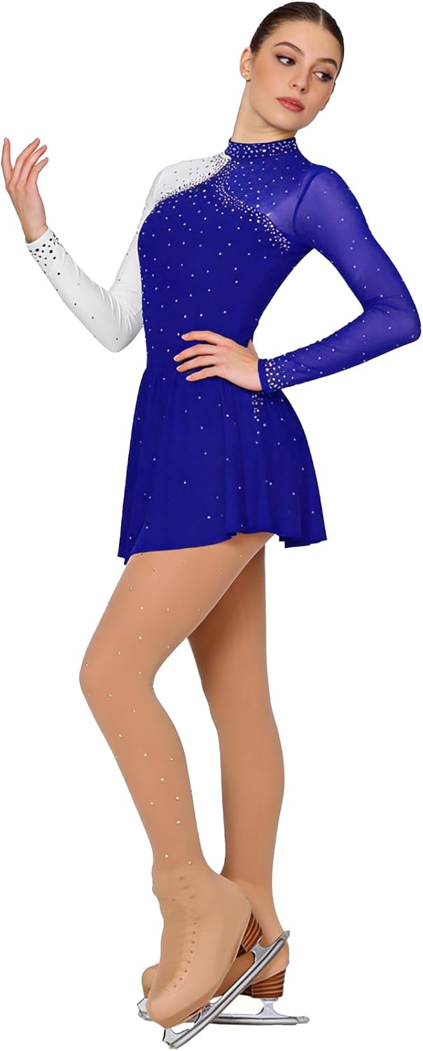 Women's Ice Skating Dress & Boot Cover Set, Glitter Rhinestone Long Sleeve Leotard with Mesh for Practice