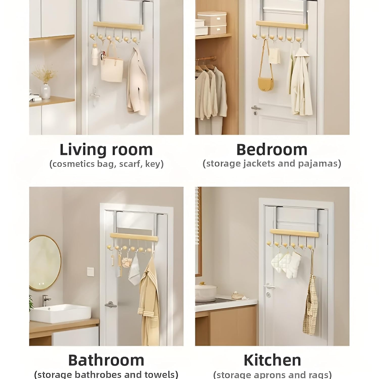 KANISYA Wooden Door Mounted Clothes Hanger with 6 Hooks | Over The Door Organizer Rack for Coats, Bags, Towels, Hats, Space-Saving Hanging Storage for Bedroom, Bathroom, – No Drill Installation 1