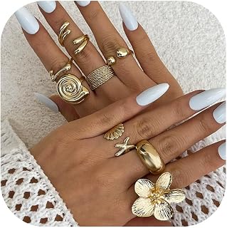 HUASAI Gold Stackable Rings for Women - Boho Chunky Seashell Flower Knuckle Set, Non-Tarnish Adjustable Stacking Jewelry