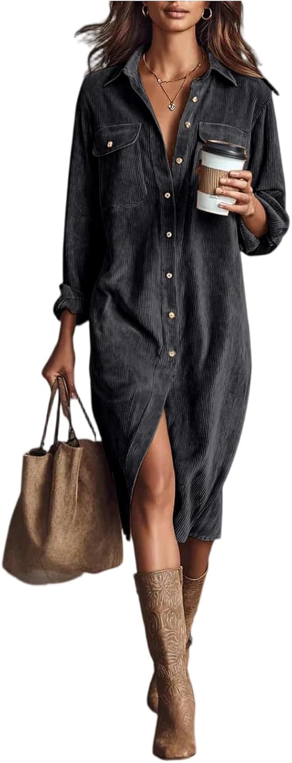 Women's Corduroy Button Down Shirt Dress 2025 Fall Casual Lapel a Line Pleated Tunic Midi Long Dresses