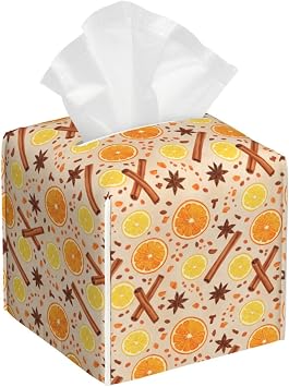 Tissue Box Holder Cover - Citrus Spice Decorative Square Tissue Cube Cover - Cute Pu Leather Napkin Facial Organizer for Bathroom Bedroom Car Night Stands Kitchen