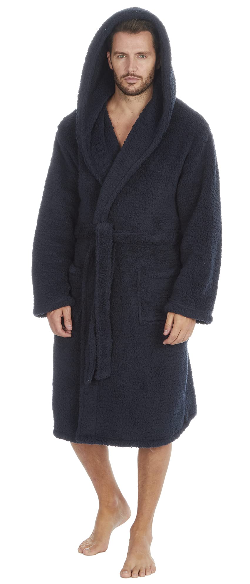 Slumber HutMens Fleece Dressing Gown - Men Sherpa Hooded Bathrobe - Luxury Flannel or Thick Pile Snuggle Fabric Winter Warm - Black Grey Navy Blue - Size Men M L XL 2XL