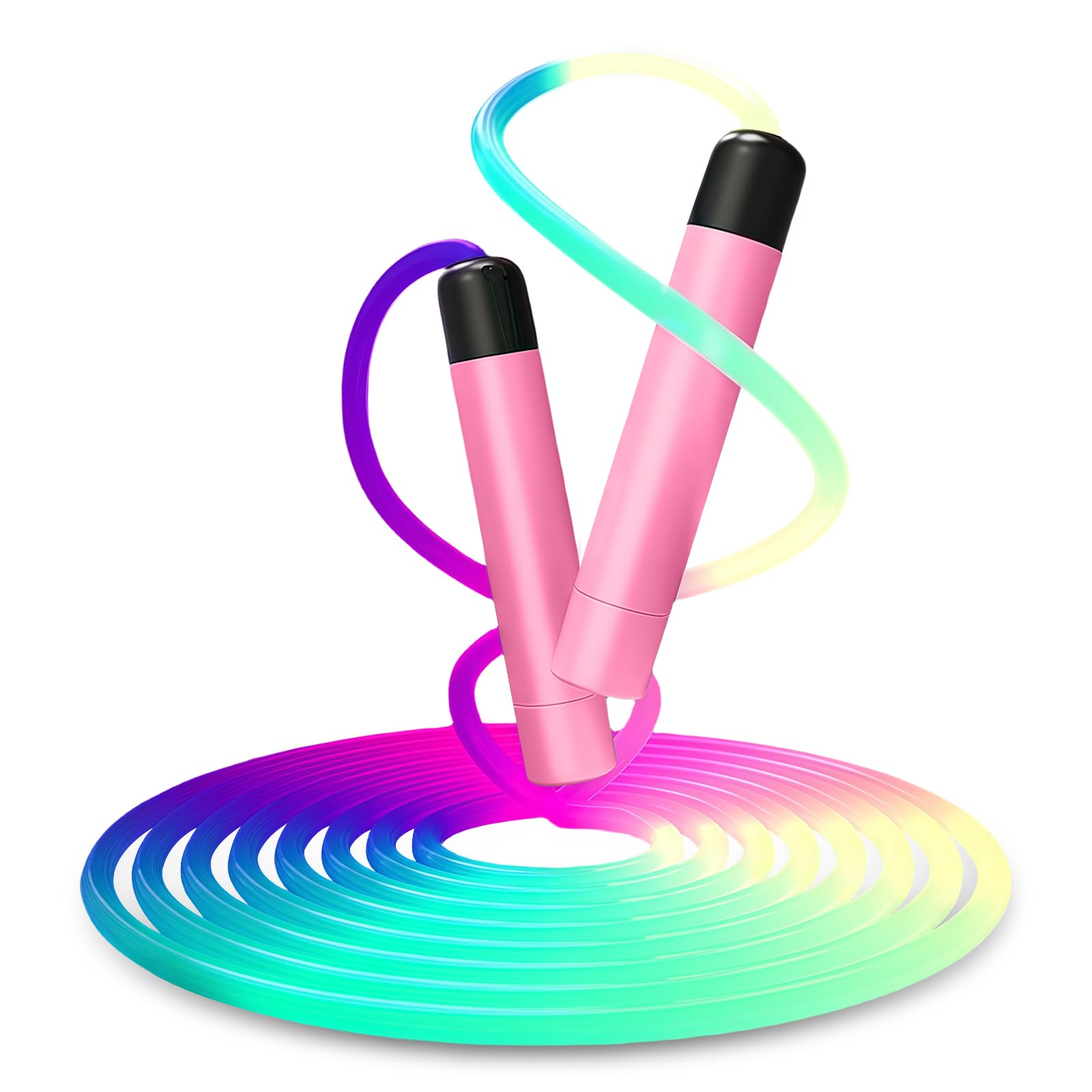Flintronic Jump Rope, Illuminated Skipping Rope with Adjustable Length, Tangle-Free, Rubber Handle & Grip, for Adults & Kids, Exercise & Fitness, Pink