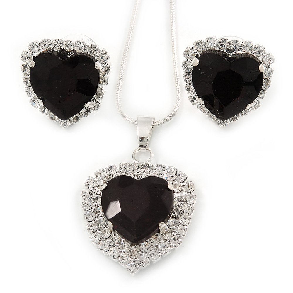 AvalayaBlack/Clear Crystal Heart Pendant with Silver Tone Chain/Stud Earrings Set/ 44cm L/ 6cm Ext