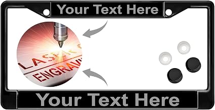 Custom Personalized Black Powder-Coated Metal Laser Engraved Standard Size - Car/Automobile License Plate Frame with Free caps - Black/Gray Text (Qty: 1 Frame)