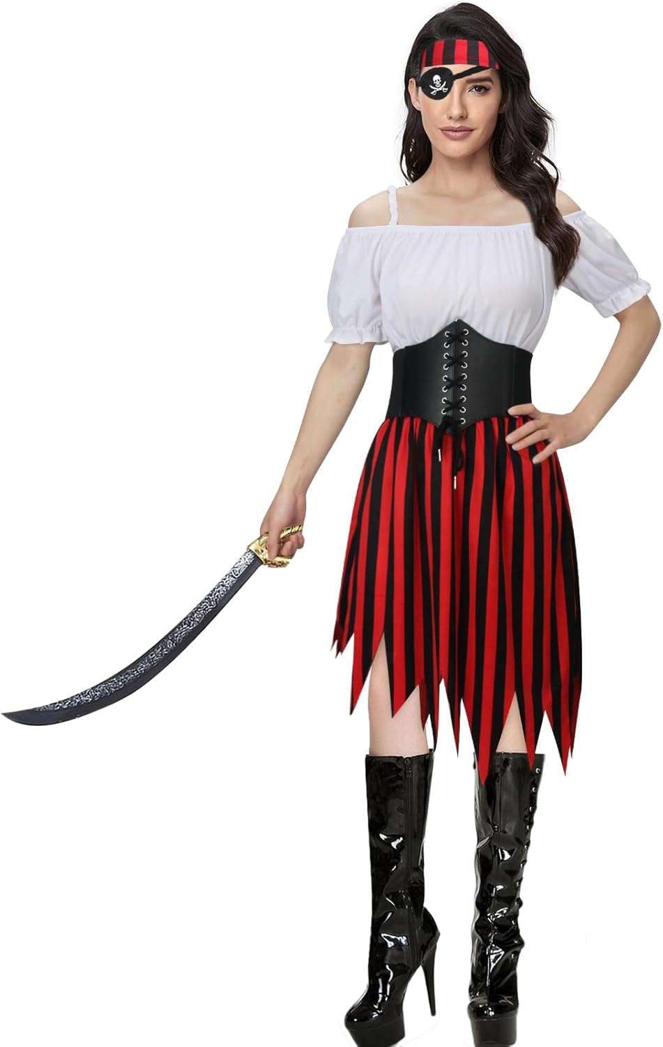 5 pcs Women Pirate Costume Cosplay Renaissance Blouse Top Corset Waist Belt Skirt Stripes Headscarf Eye Patch Outfit