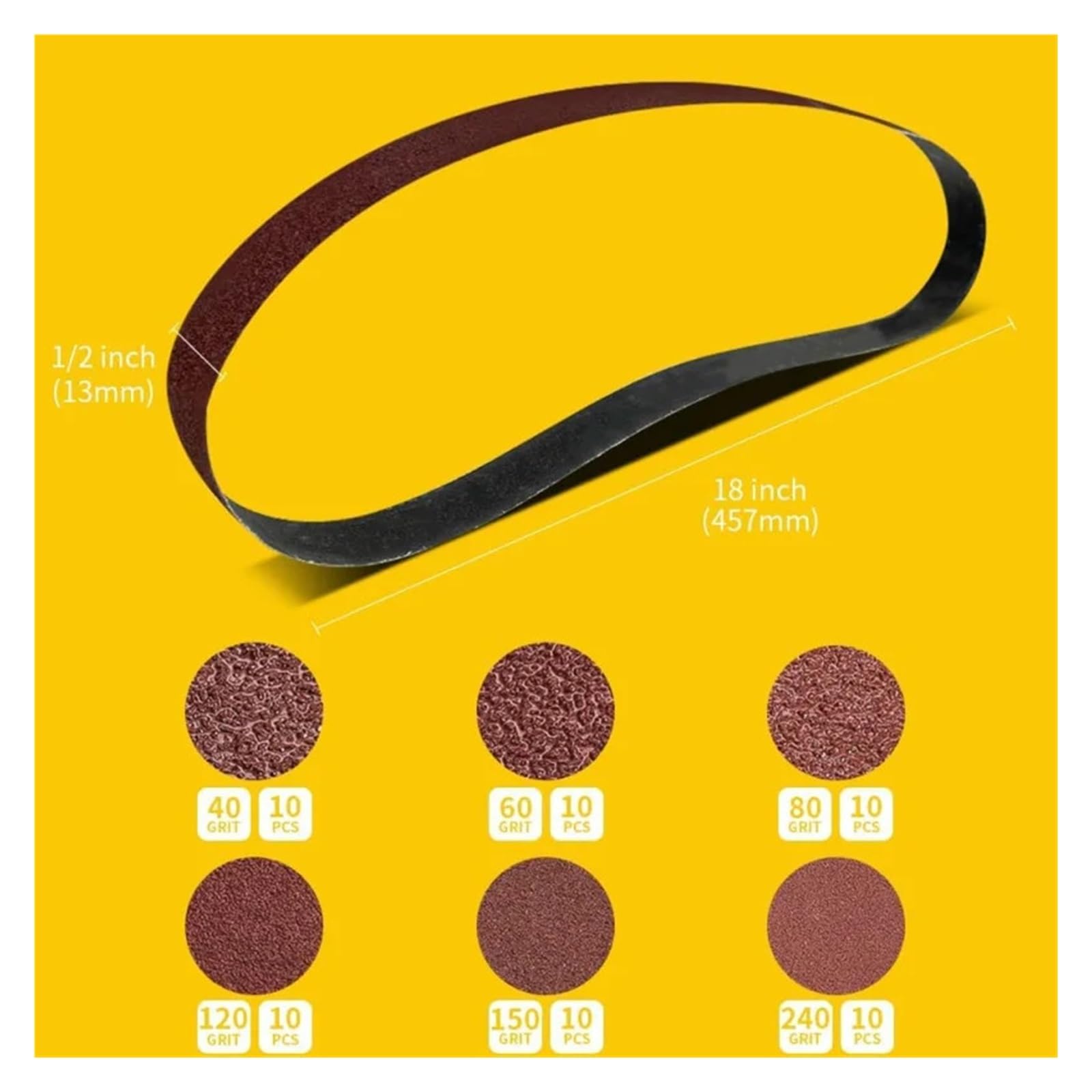 Schleifbänder 1/2 x 18 Zoll Schleifbandset, 60-teilige Packung (40/60/80/120/150/240 Stück, je 10 Streifen), Aluminiumoxid-Schleifband, geeignet für