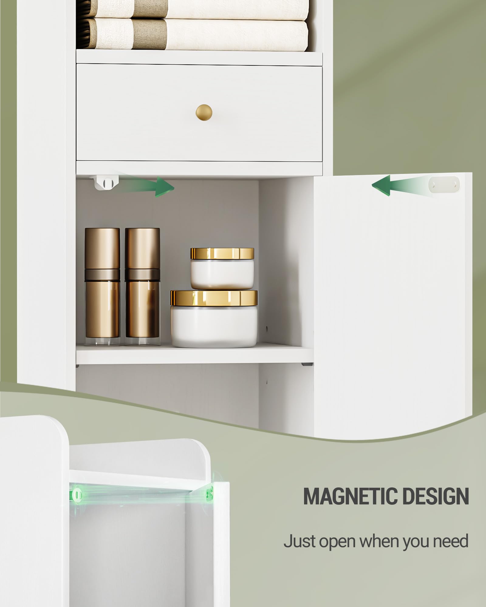 Hzuaneri Mobile Bagno, Mobiletto Bagno Salvaspazio a Colonna da Terra con Ripiani Regolabili, 1 Cassetto, 2 Ante, 28 x 28 x 180 cm, Mobile Alto per Soggiorno, Camera Da Letto, Bianco BC29013G