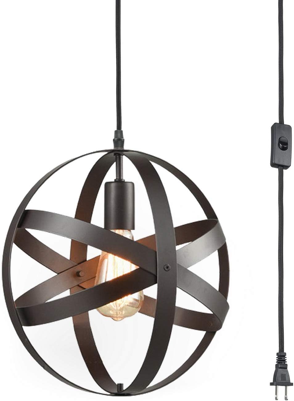 Industrial Plug-in Cord Pendant with On/Off Switch, Oil Rubbed Bronze Spherical Hanging Lights Chandelier