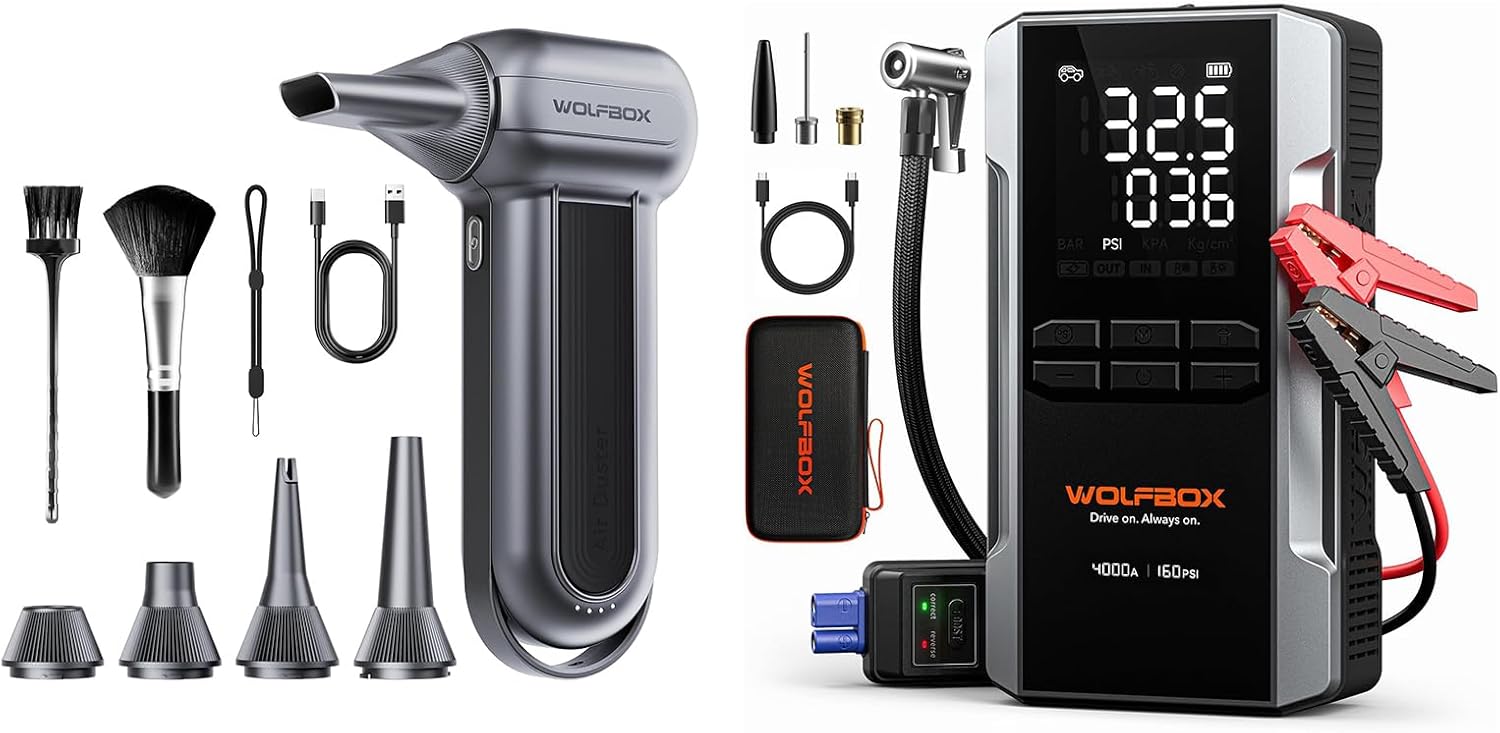 WOLFBOX 4000A Jump Starter with 160PSI Air Compressor, 12V Car Battery Booster;and MF100 Electric Air Duster-150000RPM Super Power Cordless Air Duster, Rechargeable Brushless Motor Durable Blower