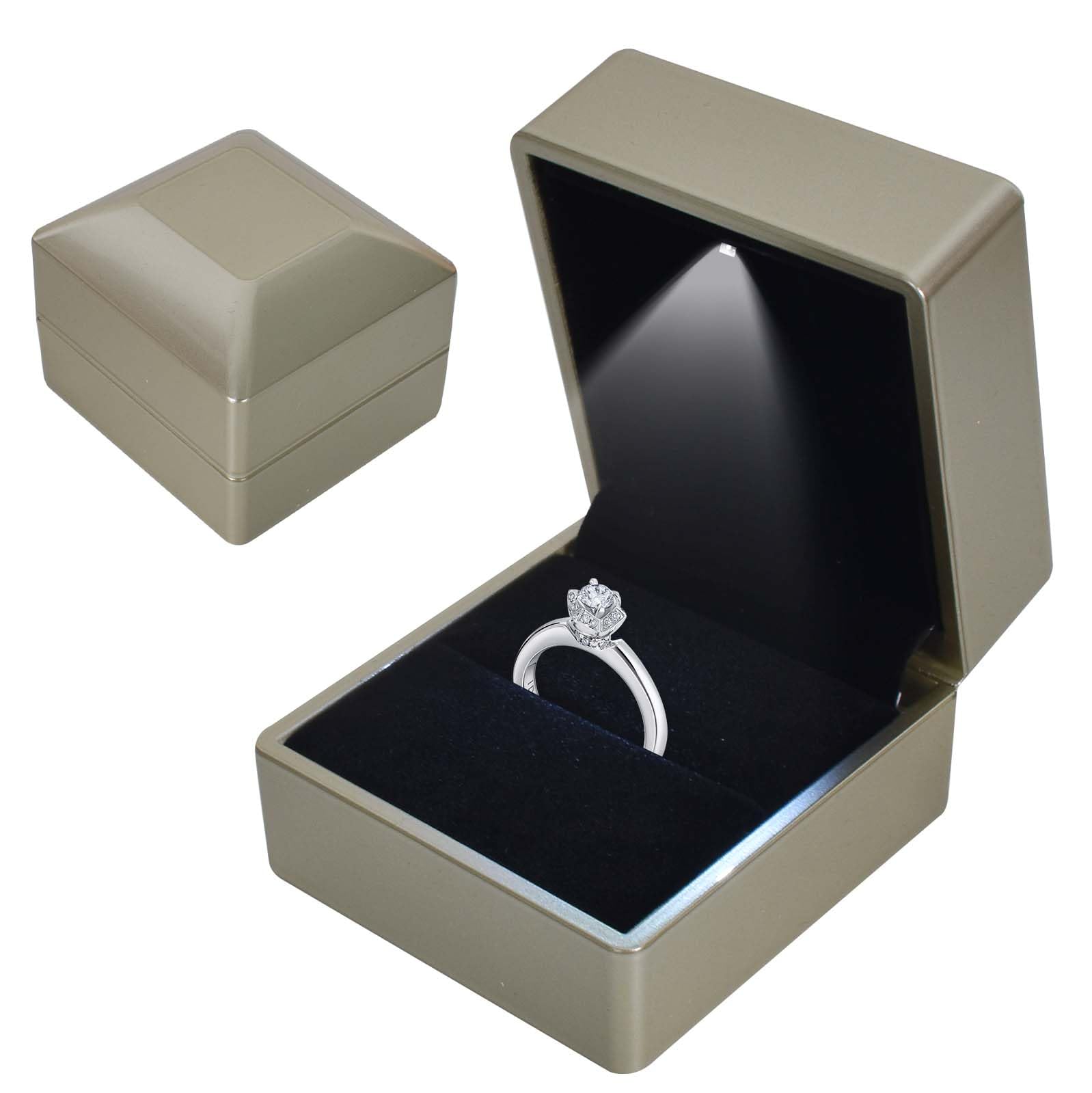 Ring Box With LED Light, Velvet Ring Boxs, Jewelry Display Gift Box with LED Internal Lighting, LED Lighted up Ring Storage Holder Display Case, for Proposal Engagement Wedding, 5.8*6.3*5cm, Gold