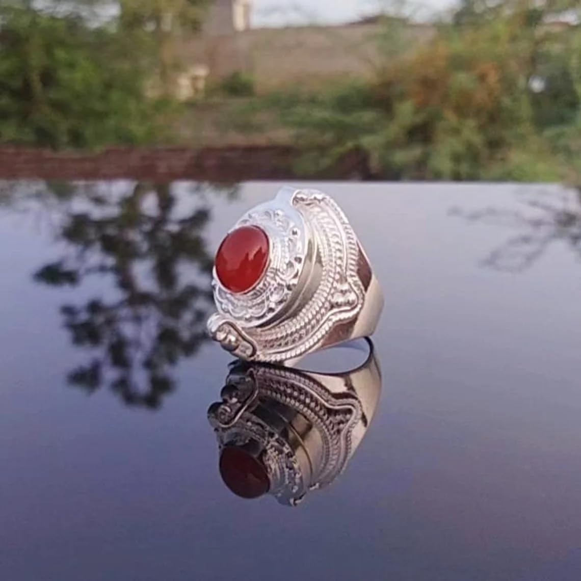 Handmade 925 Sterling Silver Natural Carnelian Poison Ring - Vintage Locket Pill Box Design, Secret Compartment Artisan Jewelry, Unique Statement Accessory for Women & Men