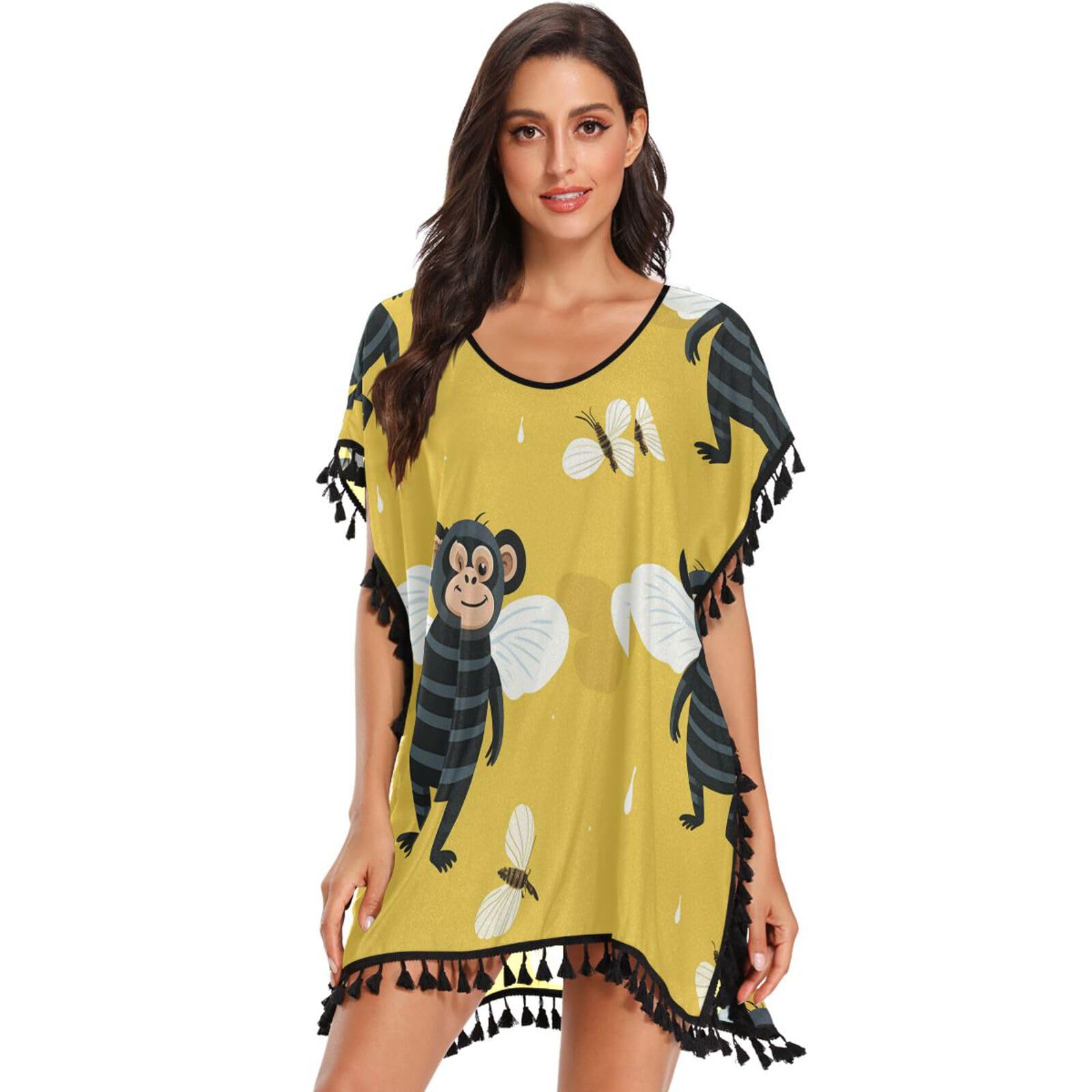 KAAVIYO Yellow Cute Bee Monkey Women's Beach Cover Up Chiffon Tassel Swimwear Swimsuit Coverups for Girl
