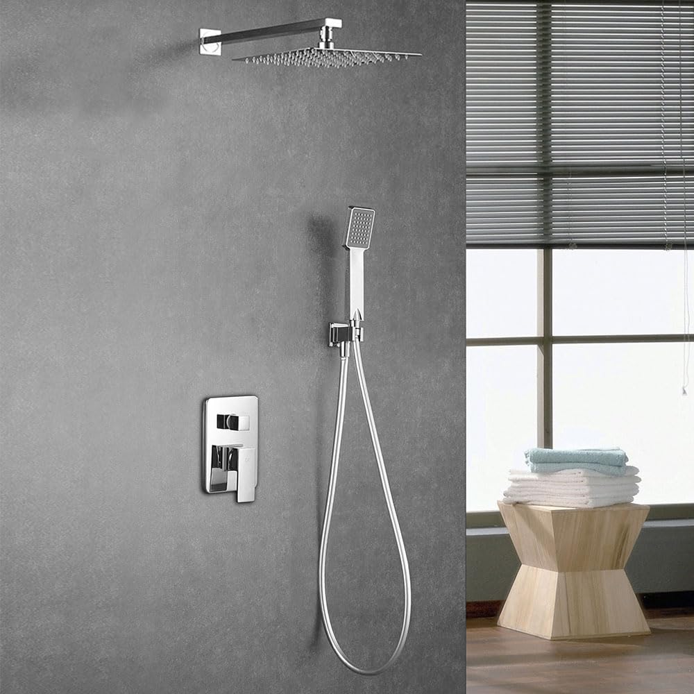 Kibath 466351 Grifo monomando empotrar CAS salida pared. Acabado cuadrado cromo brillo. Incluye soporte con toma agua, flexo PVC plateado, brazo ducha y rociador extraplano, 1