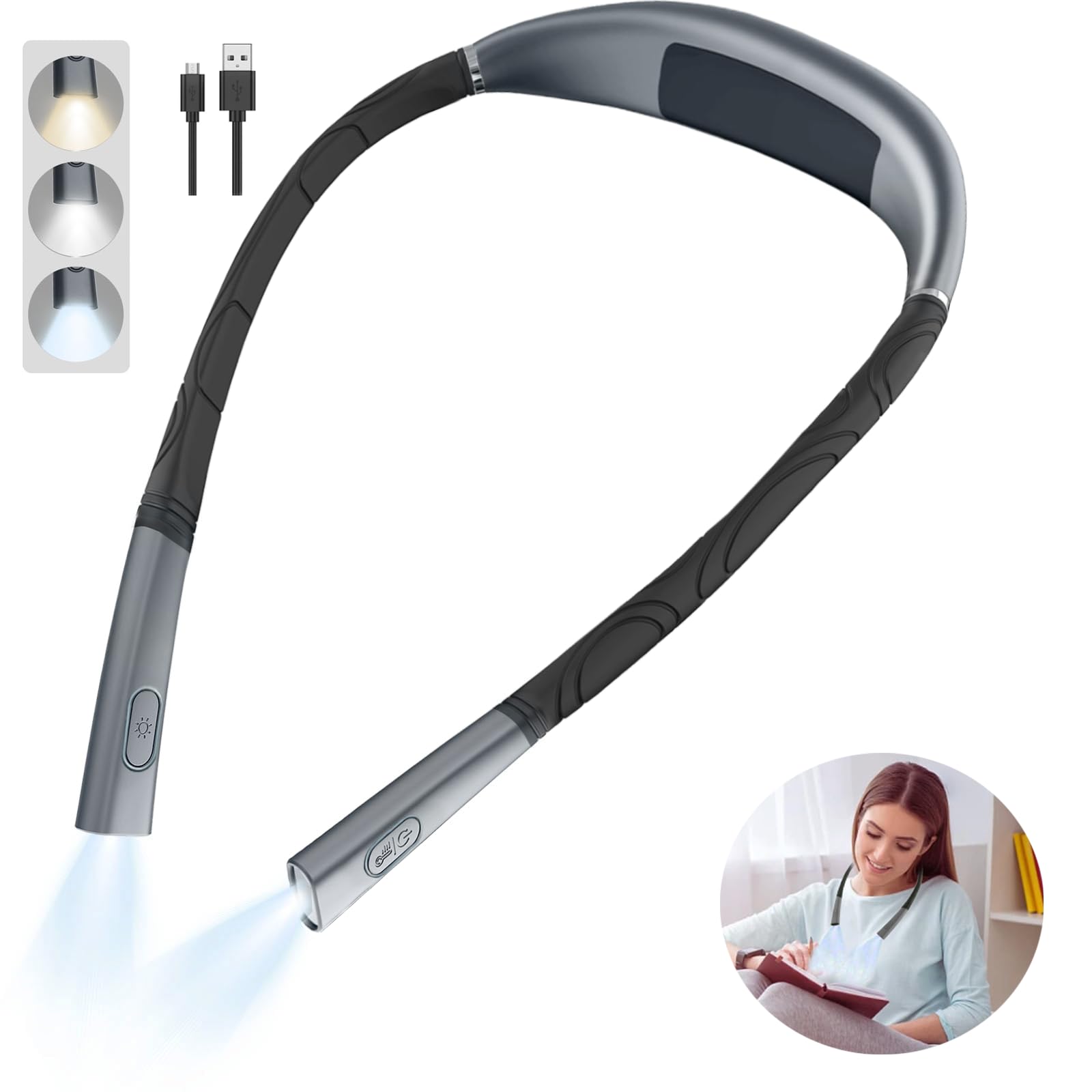 YOMEKUQI LED Neck Reading Light, Hands Free Rechargeable 3 Colors & Stepless Dimming, Bendable Arms, Comfortable & Lightweight for Bed, Crafting, Knitting