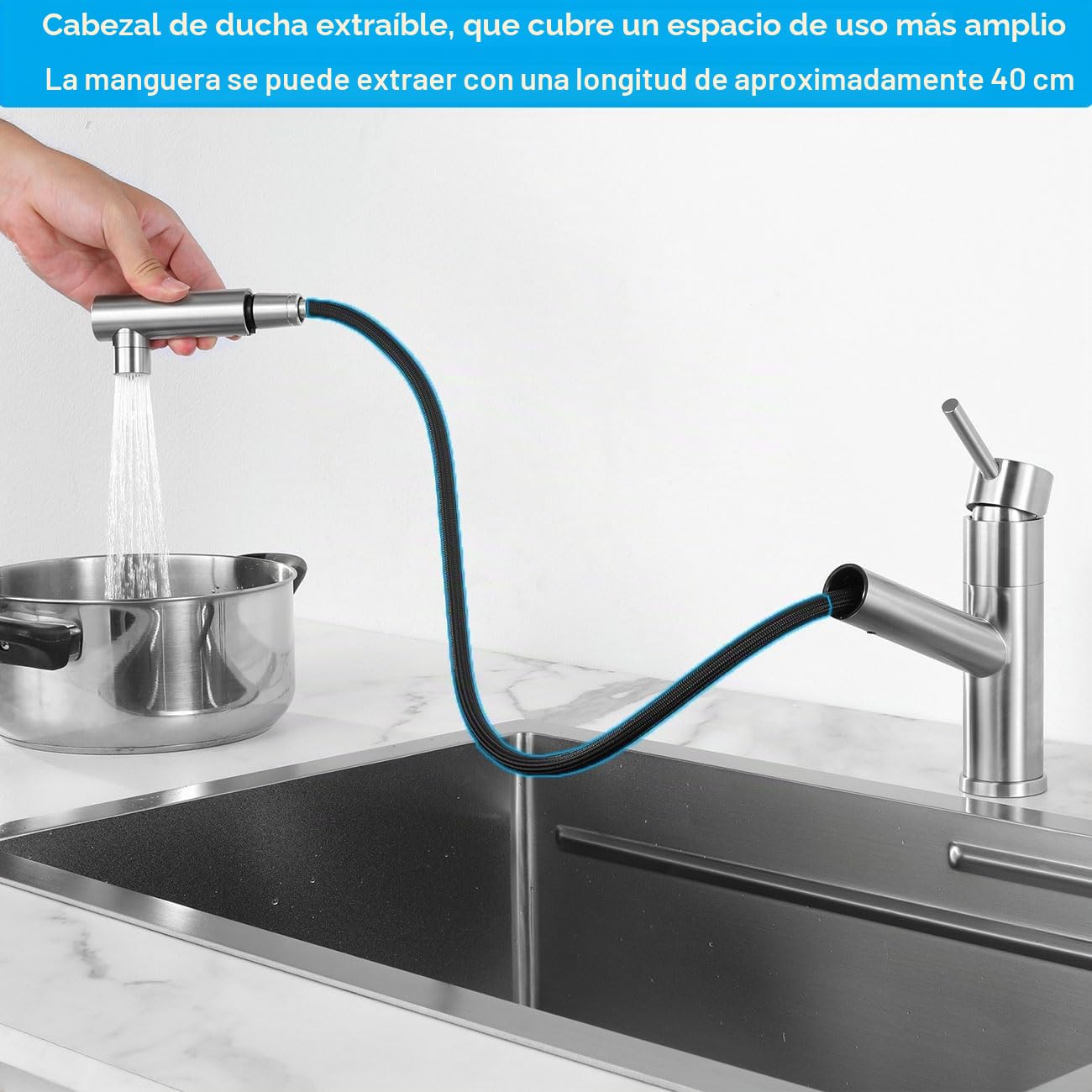 Grifo de Cocina Extraible con Ducha de 2 Modo, Grifería de Fregadero | Giratorio a 150​°, Mezclador Monomando Acero Inoxidable 304, Aireador Extraíble, Agua Fría y Caliente, Cepillado