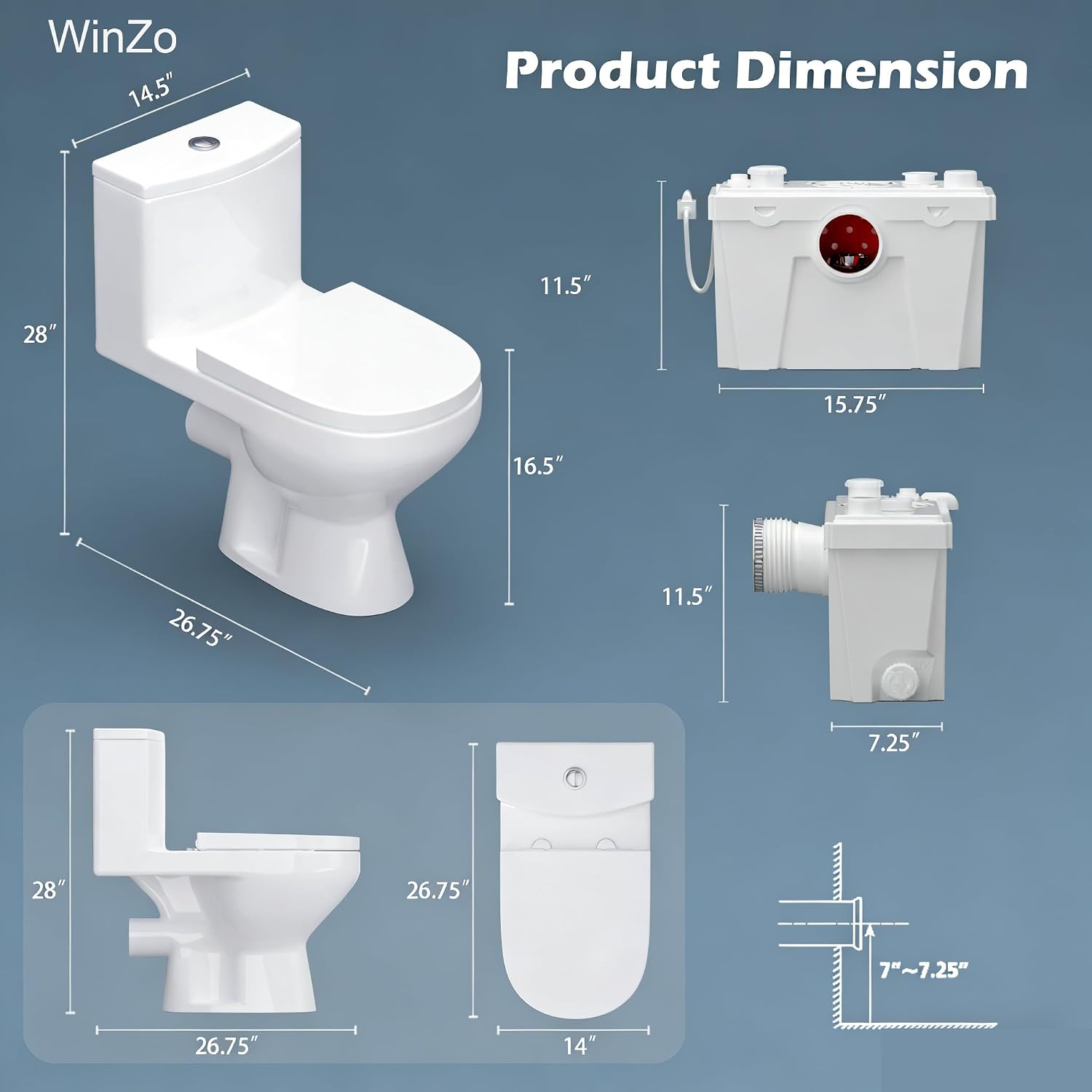 WinZo WZ5011-P Macerating Toilet with 500W Macerator Pump One Piece Round Upflush System for Basement Silent & Power,White