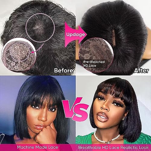 Short Bob Wigs Human Hair with Fringe 180% Density Bob Glueless for Women Upgraded 2x1Top Lace 100% Brazilian Virgin Human Hair Wigs with Bang 14 inches - Image 3
