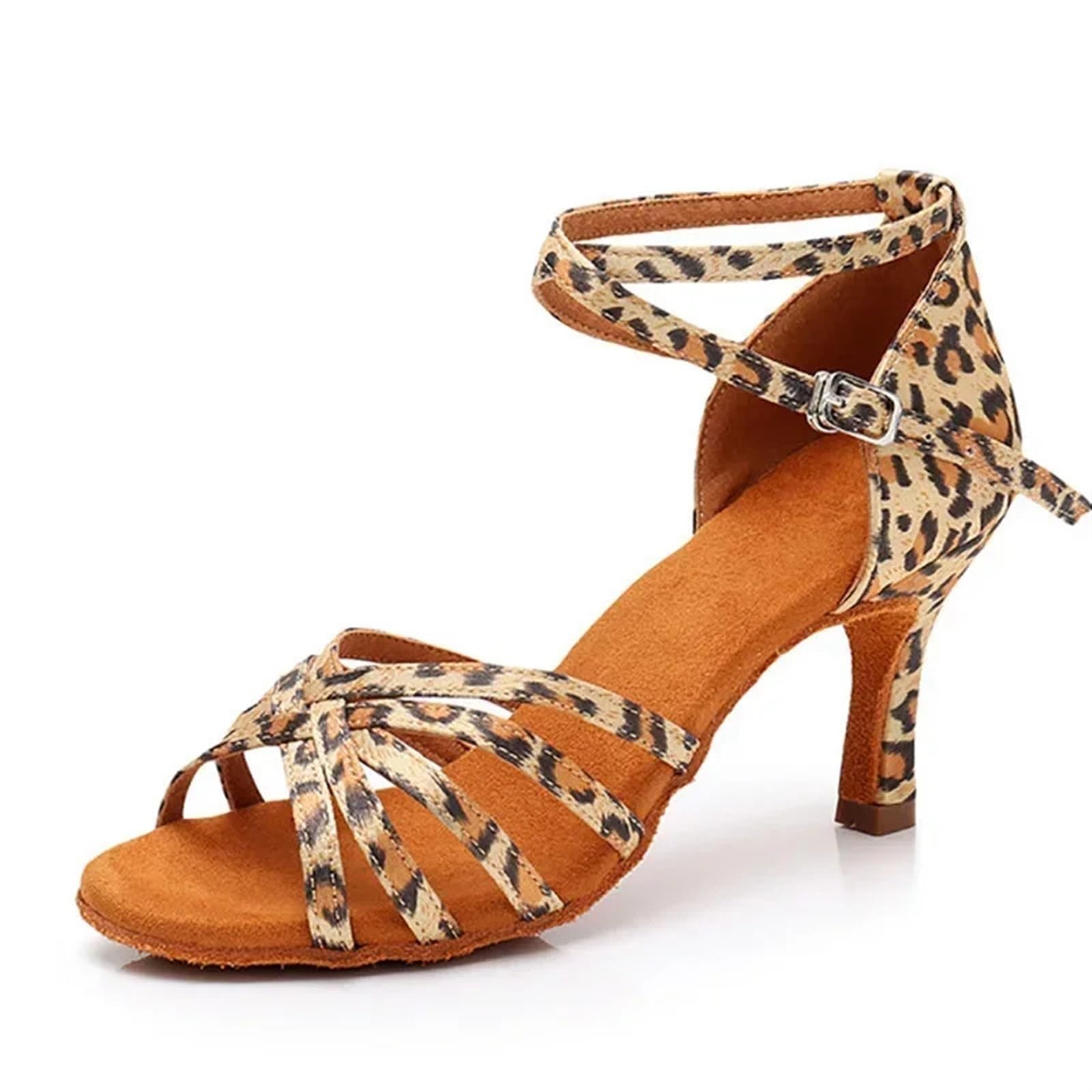 Tanzschuhe Damen Latein Ferse 7 cm/5 cm Satin Ohne Knoten Salsa Tango Ballsaal Latin Dance Schuhe Frau Zapatos De Baile Latino Mujer(Heel 7cm Leopard,38)