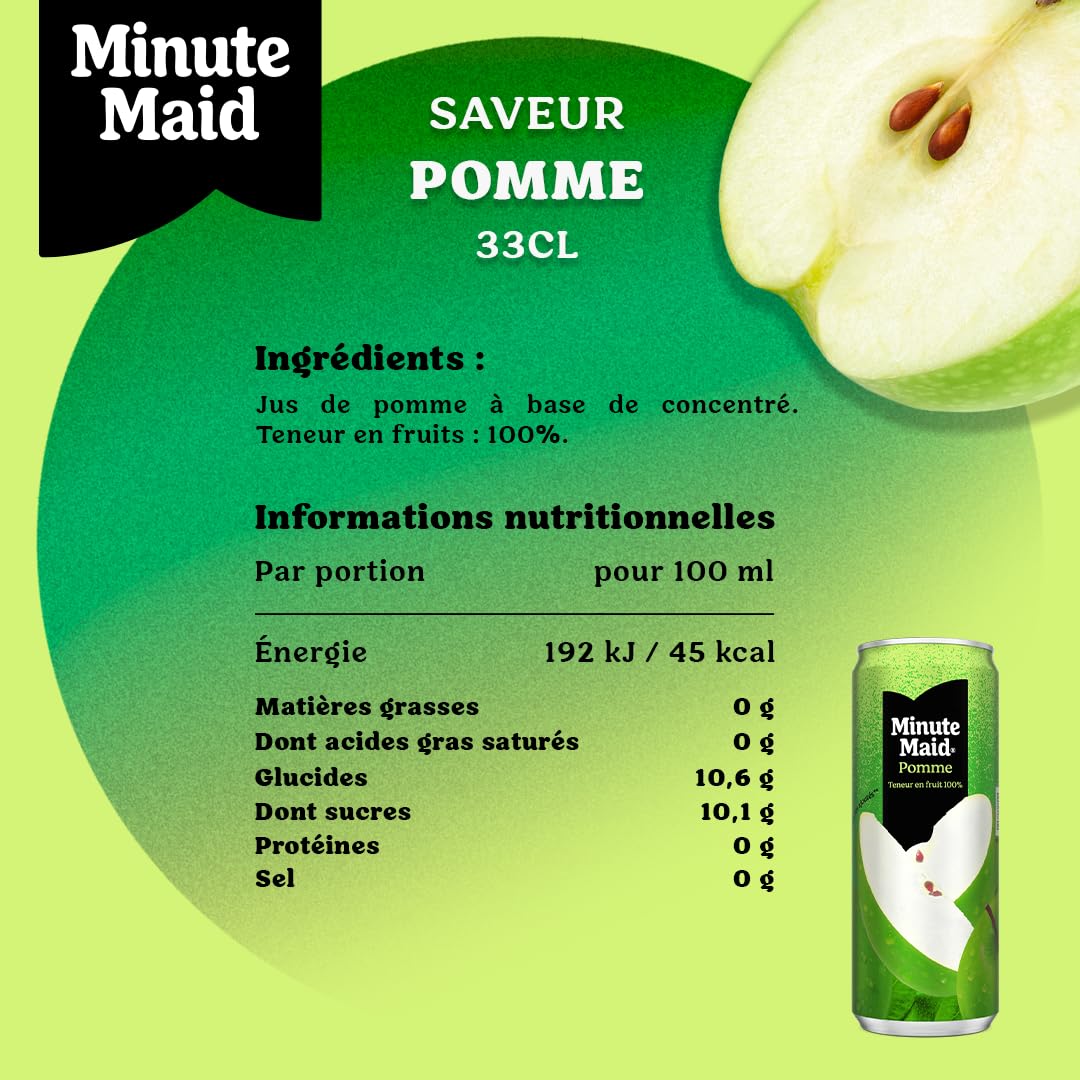 Minute Maid Jus de Pomme 100% Fruit, Canettes 33cl, Pack de 24