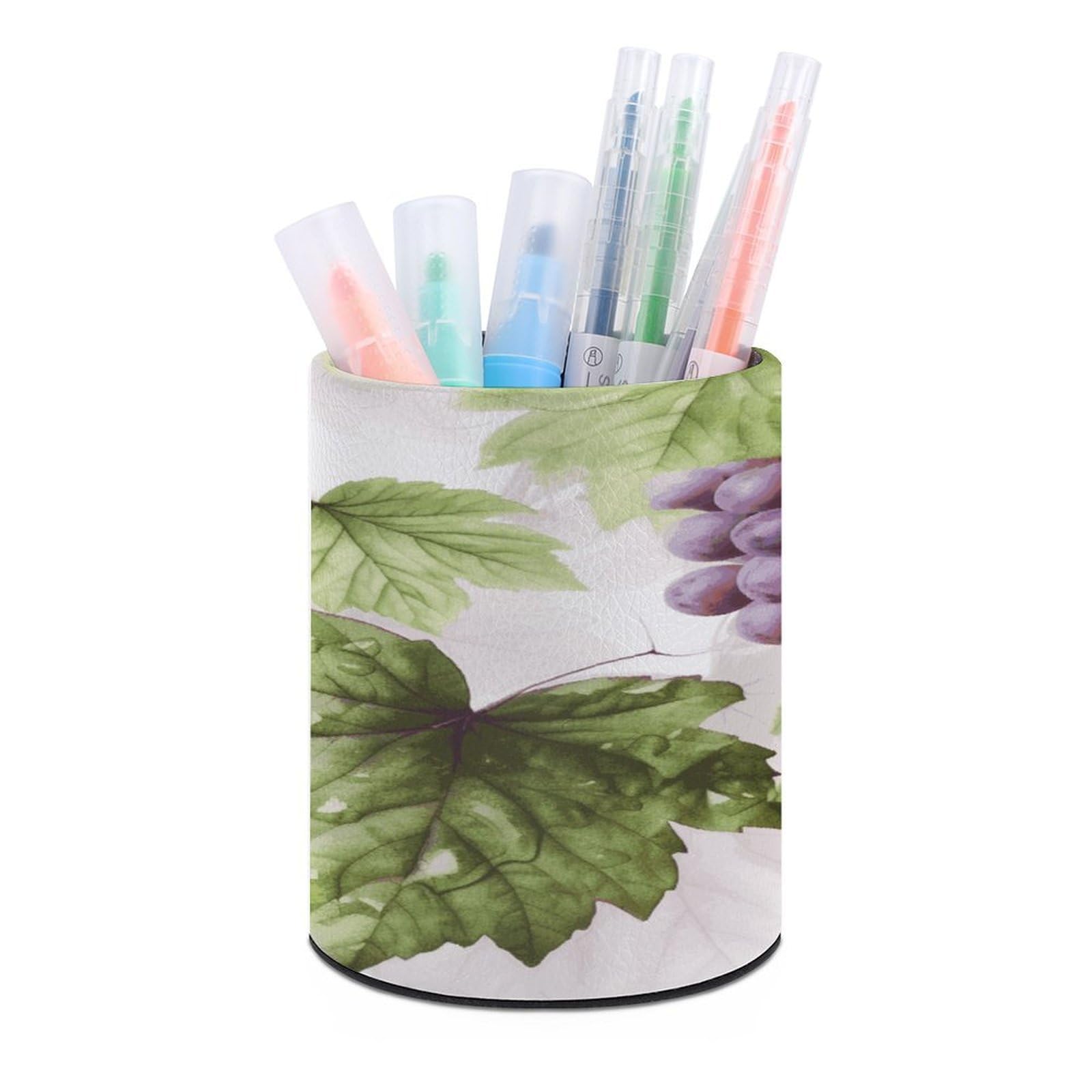 JTREHY - Round Grape Leaf Pen Holder Makeup Brush Holder PU Leather Stationery Organizer Office Accessories Container Box