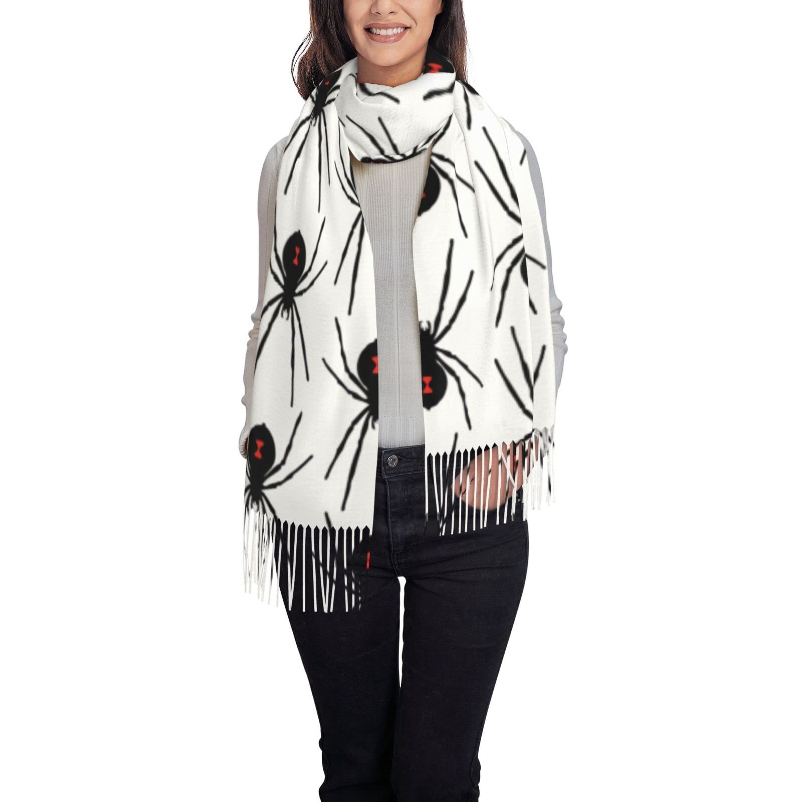 Aseelo Unisex Black Spider Women Scarves Winter Long Soft Warm Wraps Wool Tassel Shawl Stole Scarf Ladies