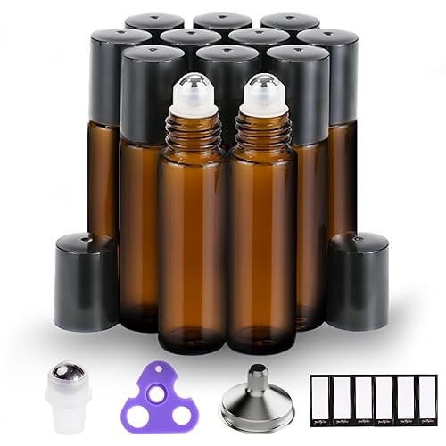 Miniatura 7 de PrettyCare Botellas enrollables para aceites de 0.3 fl oz (vidrio ámbar, paquete de 6, 1 bolas de acero inoxidable adicionales, 12 etiquetas, 1